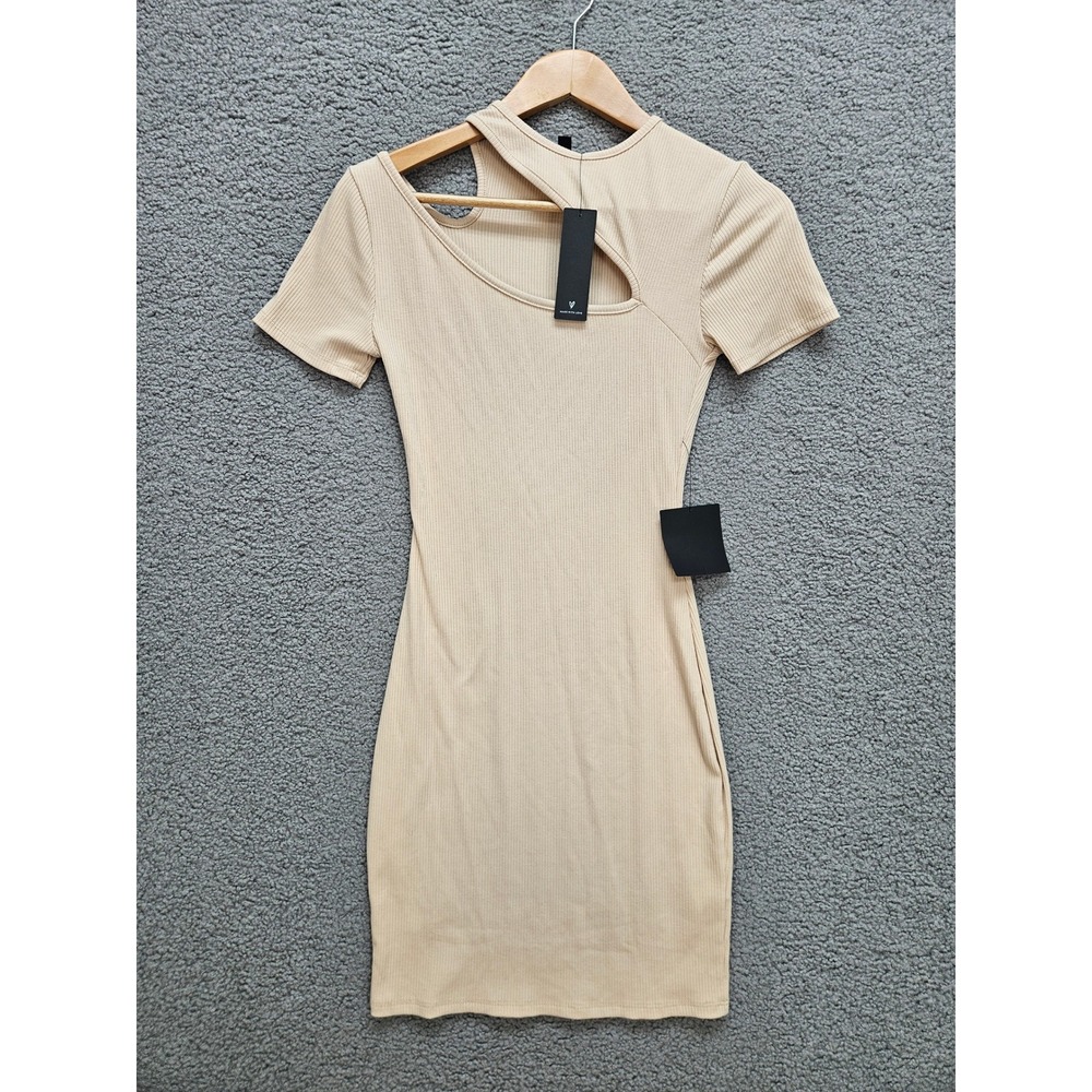 NWT Lulus Slice of Life Mini Dress S Beige Ribbed Cutout Bodycon Short Sleeve